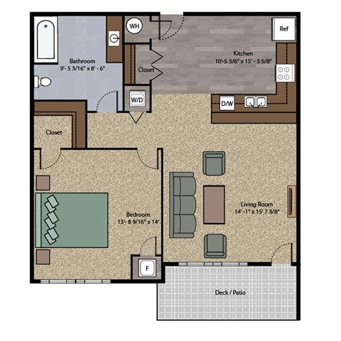 Floor plan for 1 bed, 1 bath, 812 sqft